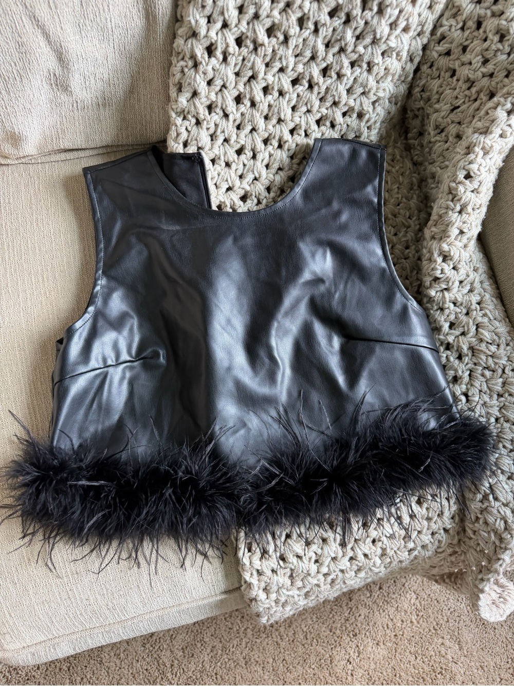 Black Faux Leather Feather-Trim Crop Top